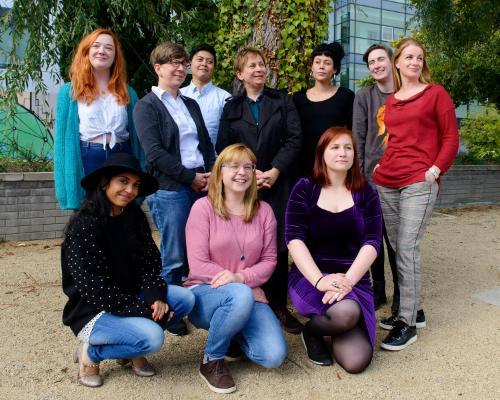 A photo of Anne Enright with students
